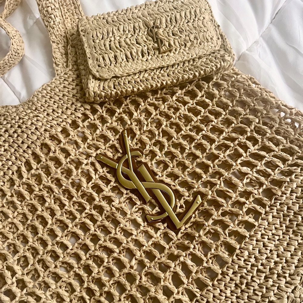 Elegant Tan Crochet Tote w Gold logo